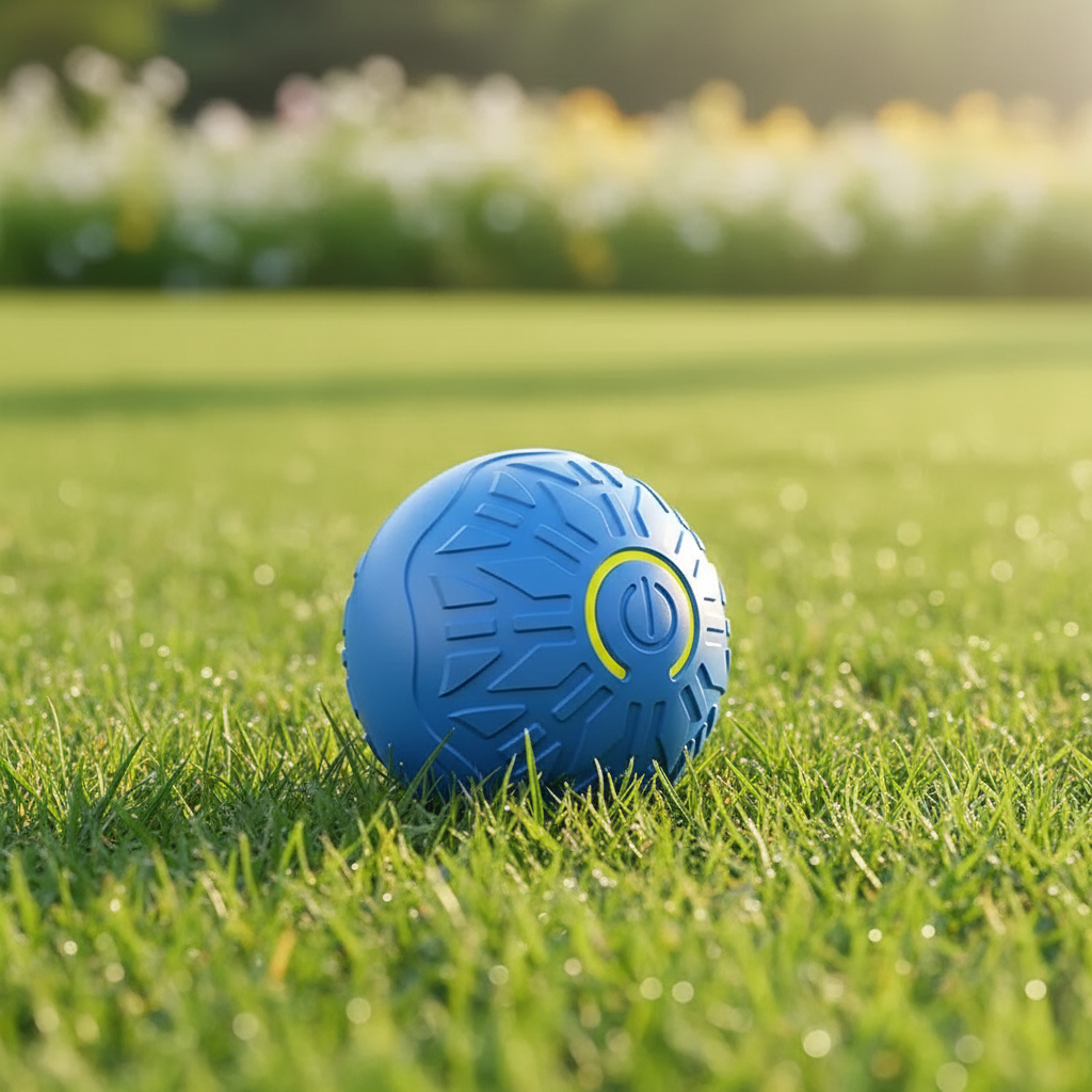 Niebieska piłka dla psa z żółtym akcentem na atrakcyjnym tle