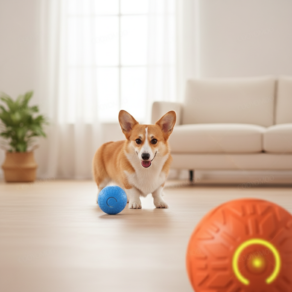 Pies z interaktywnymi piłkami na ładnym tle